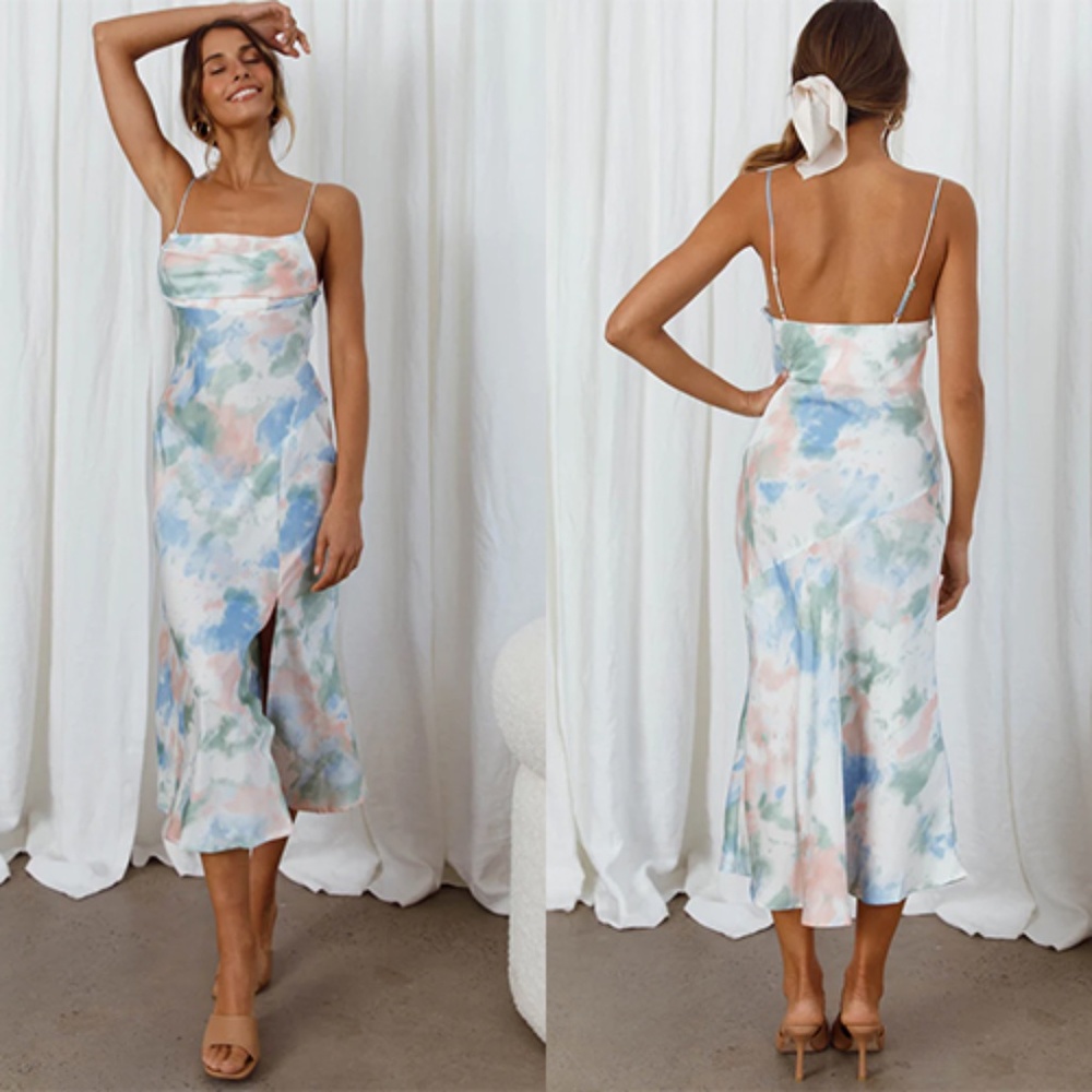 NWT PLEATED BUST FRONT SPLIT DRESS WATERCOLOR GREEN
